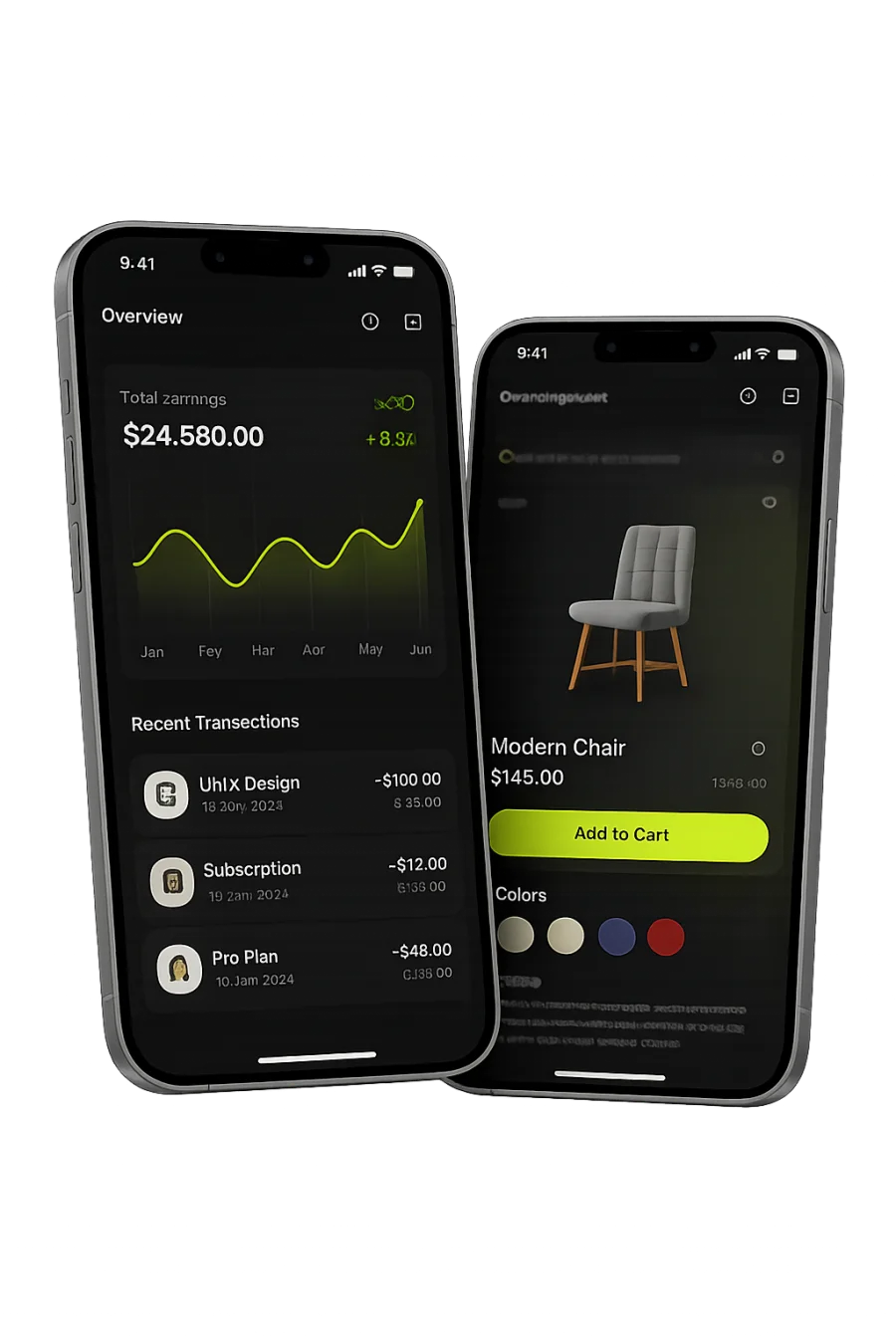 Two mobile app interfaces showing a finance dashboard and an ecommerce product screen